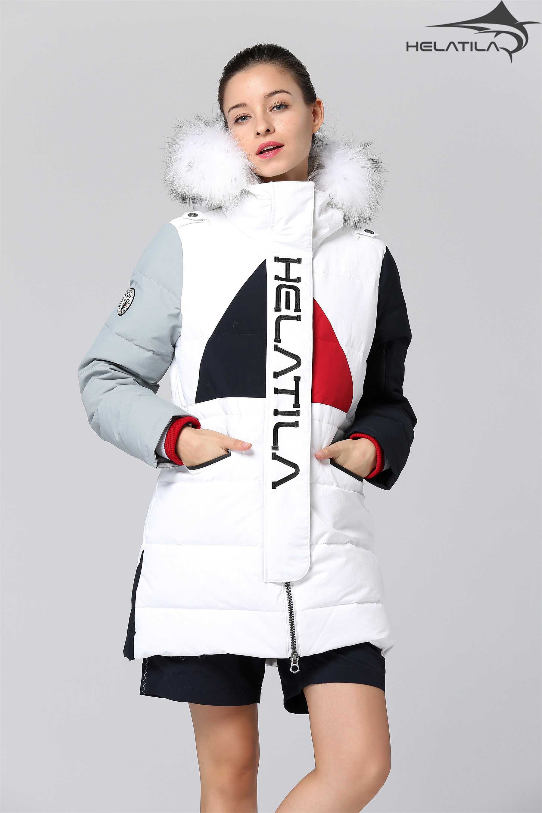 Helatila women's spliced super thick mid-length down jacket